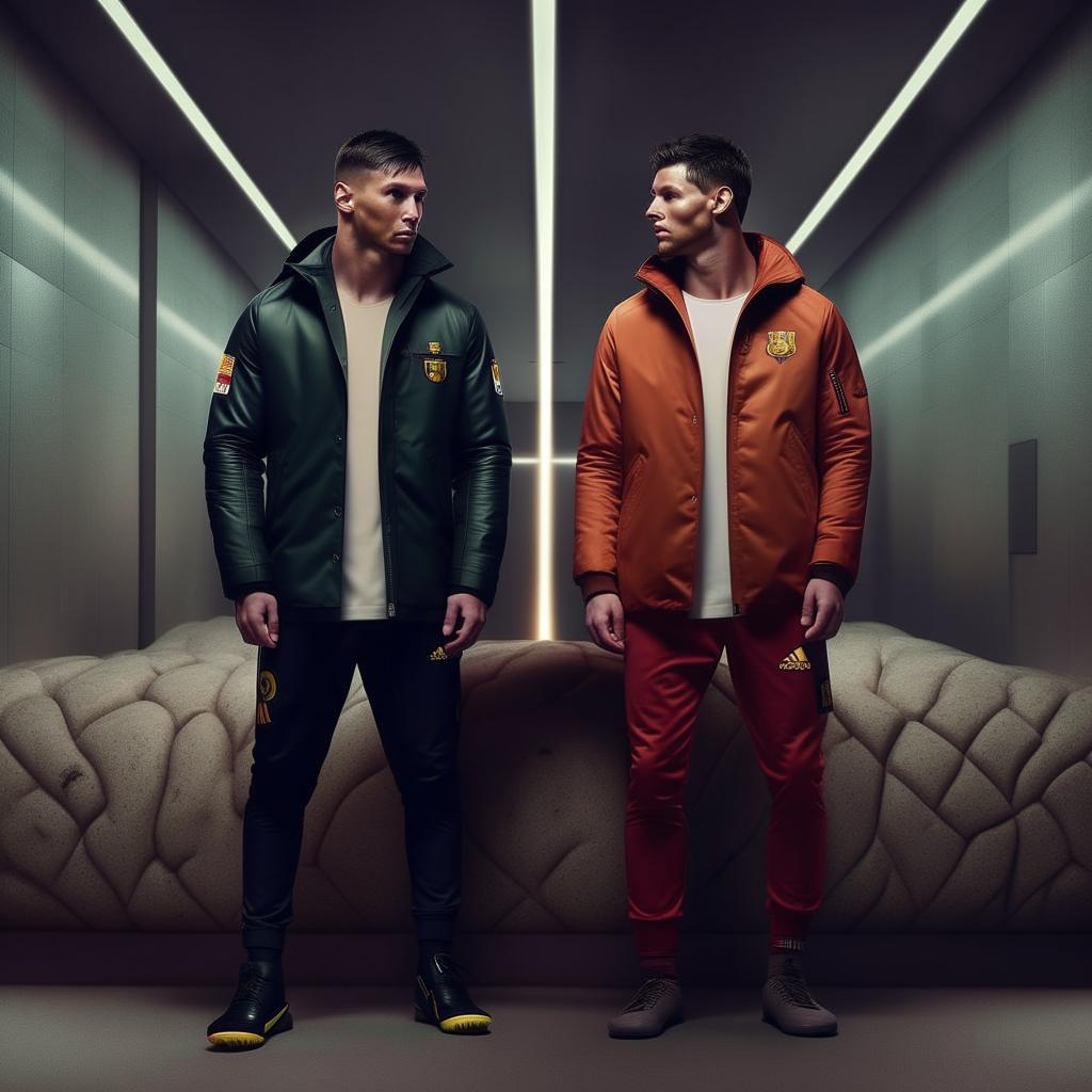 Cristiano Ronaldo and Lionel Messi wearing Stone Island clothes in a posh, modern environment