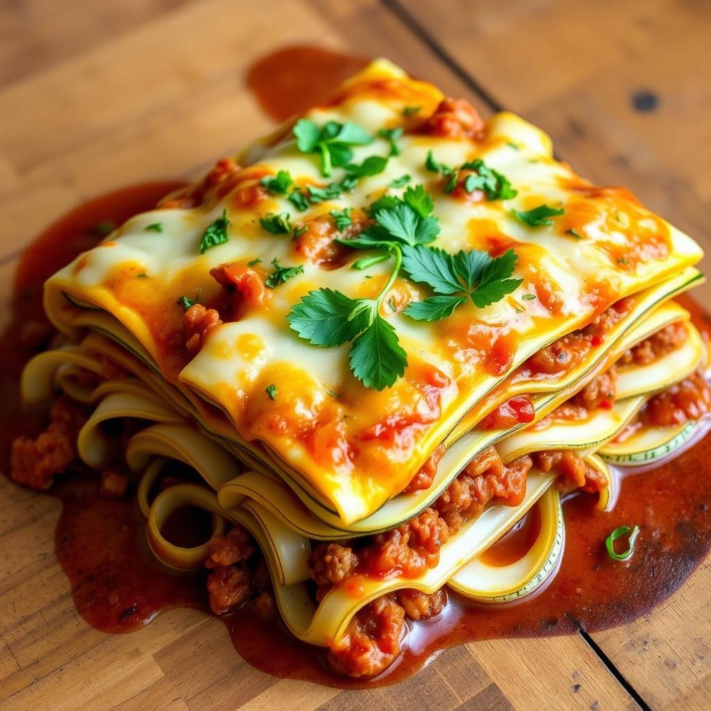 A delicious, artistic representation of a lasagna dish featuring long, wide, thinly sliced white zucchini sheets that are perfectly cooked and slightly irregular in shape