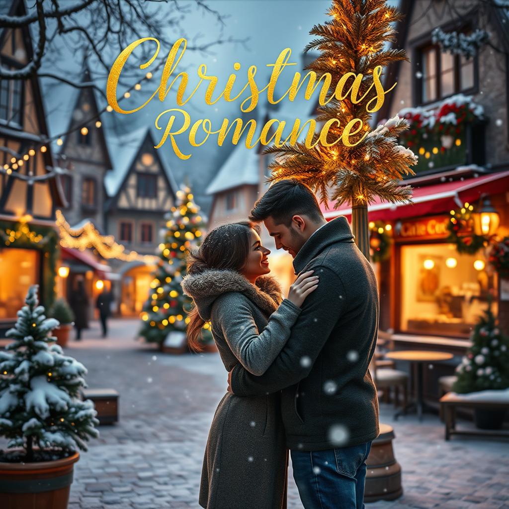 A charming Christmas romance book cover featuring a cozy winter scene