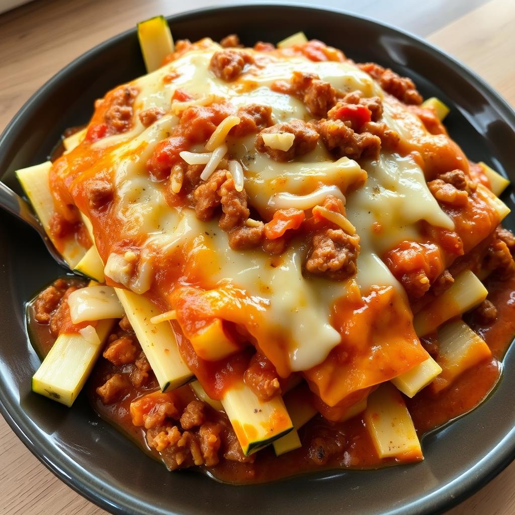 A delicious plate of lasagna made with long, wide, thin, cooked white zucchini slices that are well-cooked and irregularly shaped