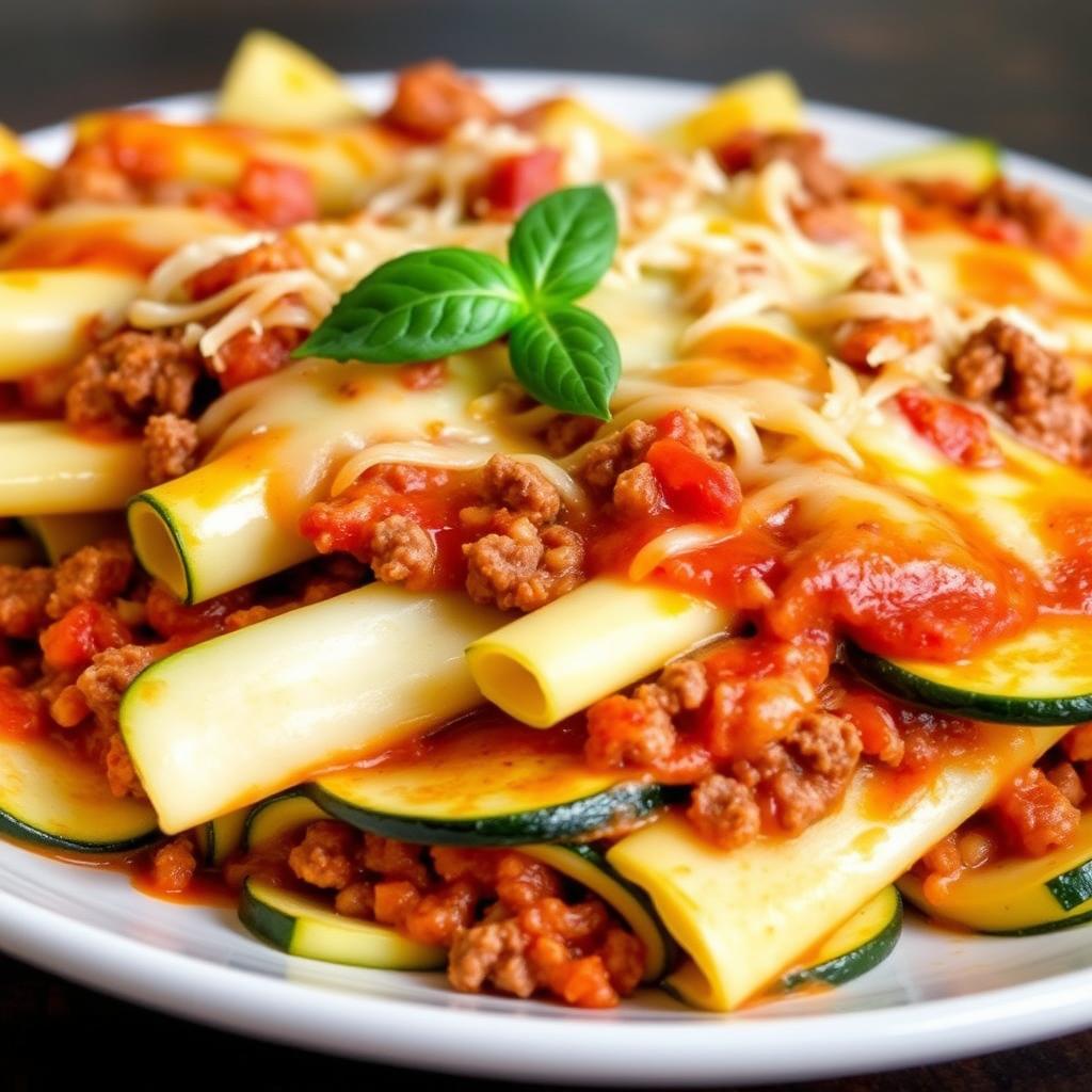 A delicious plate of lasagna made with long, wide, thin white zucchini slices that are well-cooked and slightly irregular in shape