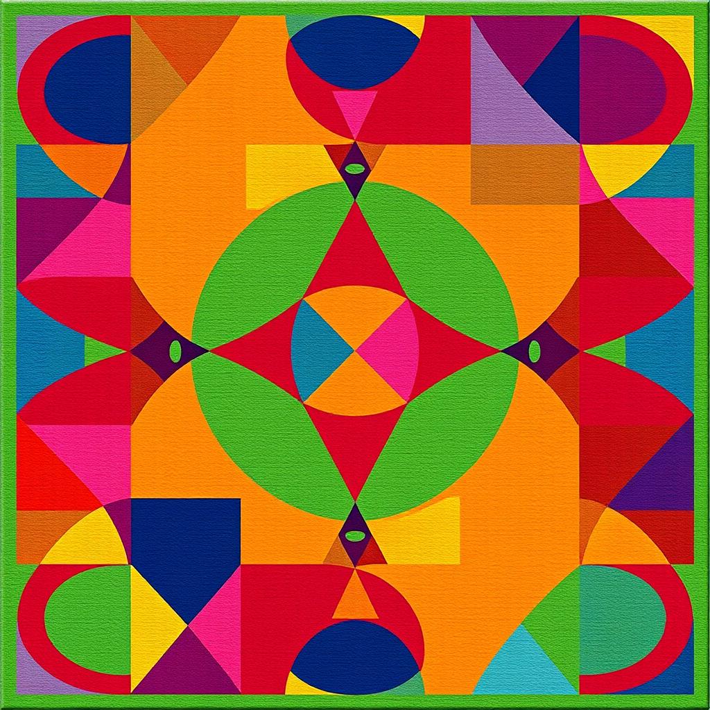 A vibrant and colorful abstract design that incorporates geometric shapes and patterns, suitable for transforming into a rug
