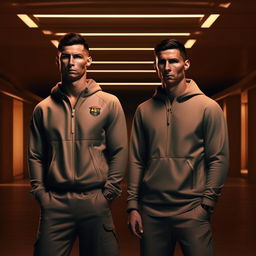 Cristiano Ronaldo and Lionel Messi wearing Stone Island clothes in a posh, modern environment