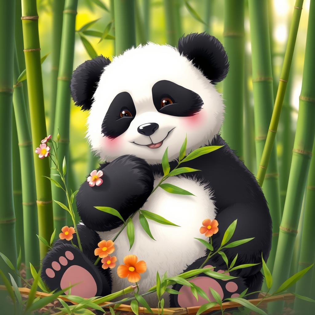 A cute panda sitting peacefully among vibrant green bamboo shoots, showcasing its distinctive black and white fur pattern