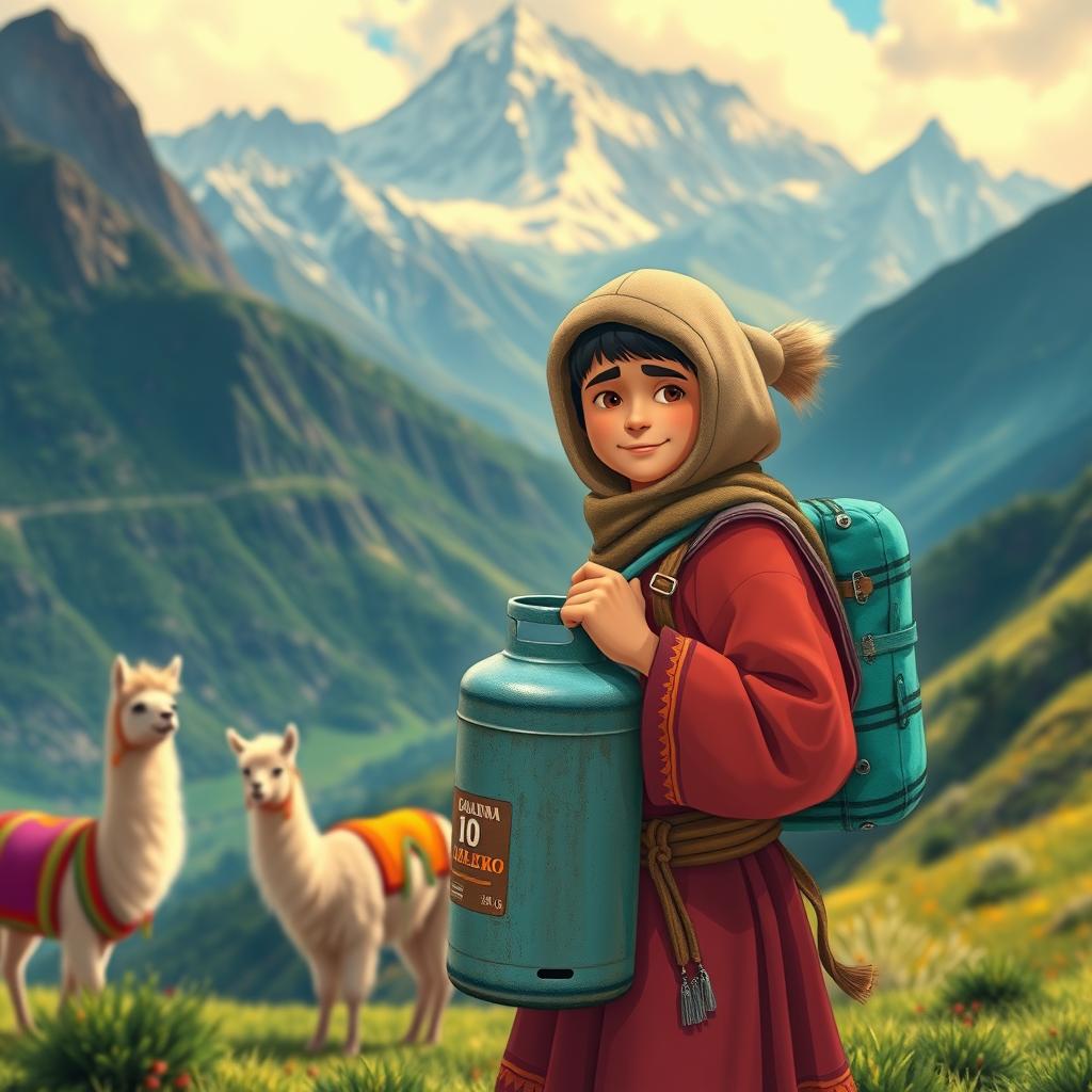 A 30-year-old young man wearing traditional clothing from the Sierra of Peru, carrying a 10 kg gas cylinder