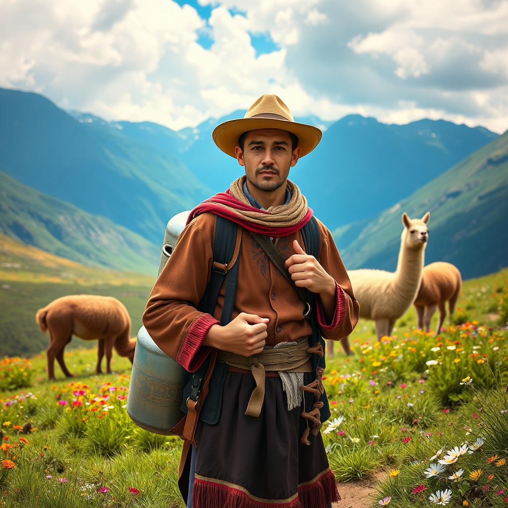 A 30-year-old man wearing traditional Peruvian highland clothing, carrying a 10 kg gas cylinder, standing in a breathtaking Andean mountainous landscape