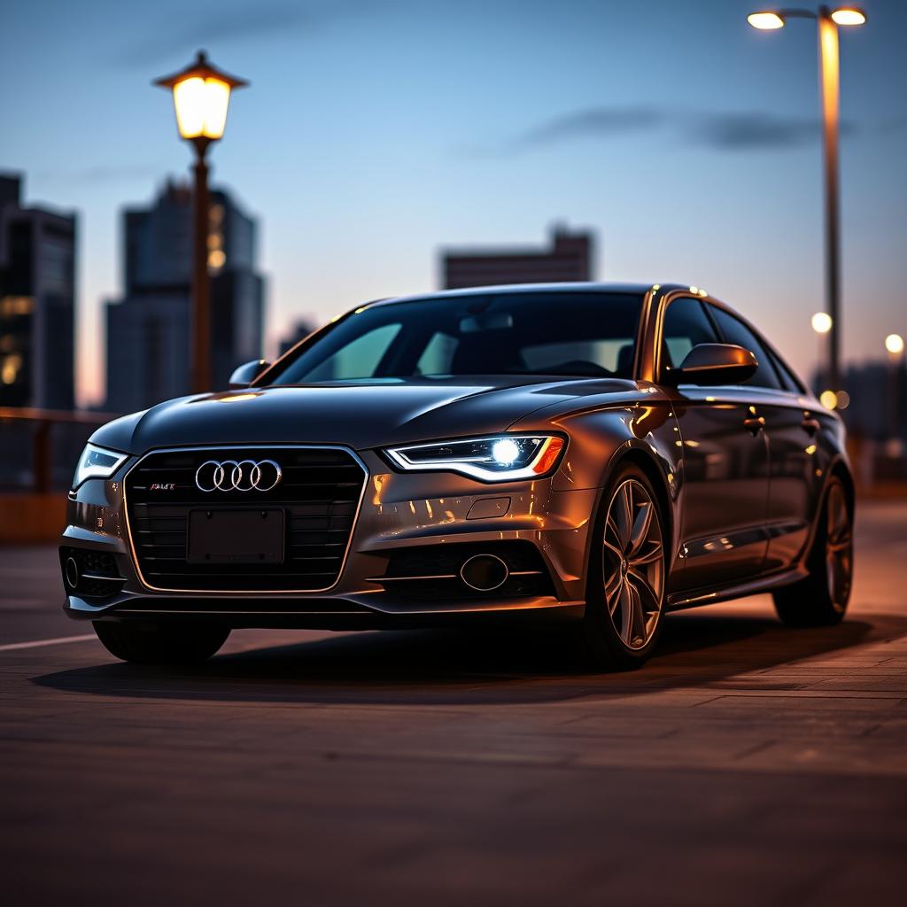 A sleek and elegant 2014 Audi A6 parked in an urban setting, showcasing its stylish curves and modern design