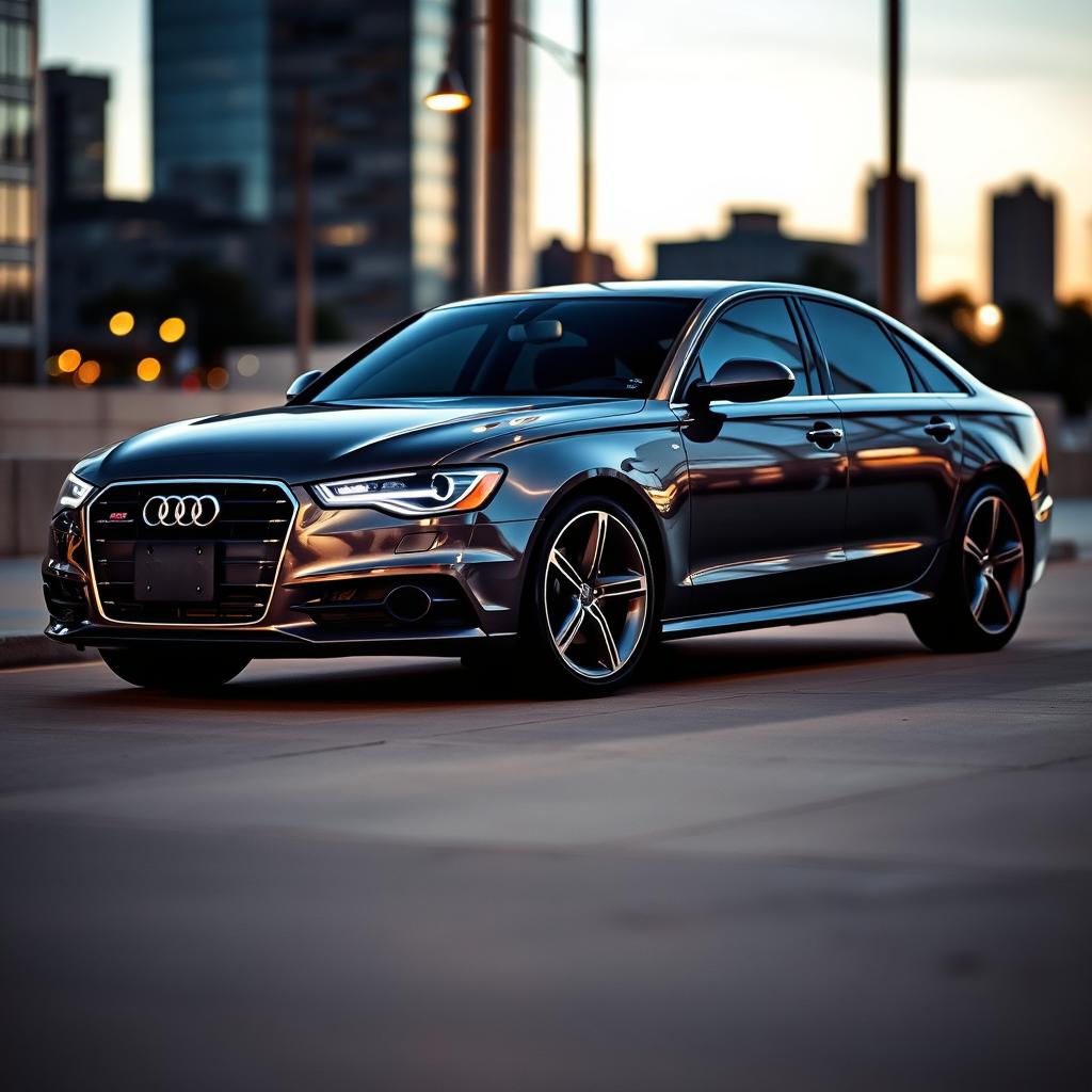 A sleek and elegant 2014 Audi A6 parked in an urban setting, showcasing its stylish curves and modern design