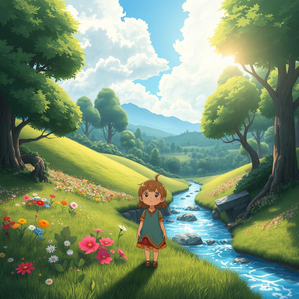 A whimsical and enchanting landscape inspired by Studio Ghibli, featuring lush green hills, vibrant flowers, and a serene, magical forest