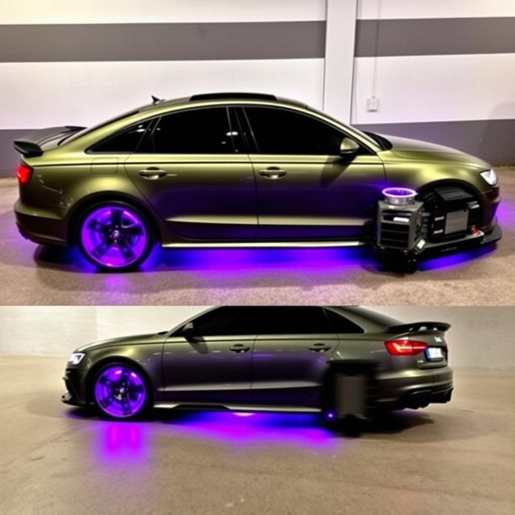 A stunning 2014 Audi A6, featuring a sleek design with tinted windows and vibrant purple underglow illuminating the ground