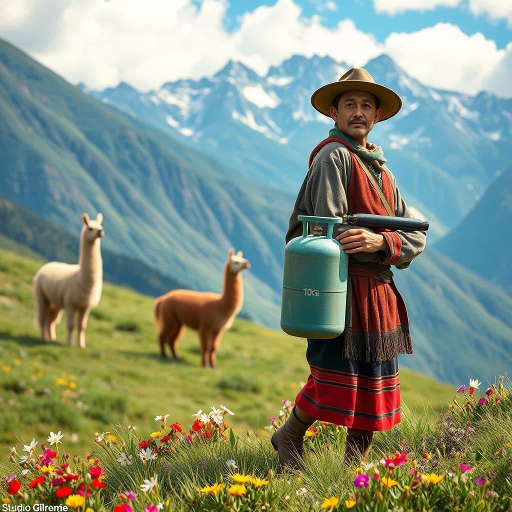 A 30-year-old man wearing traditional Peruvian highland clothing, carrying a 10 kg gas cylinder, set against a stunning Andean mountainous landscape