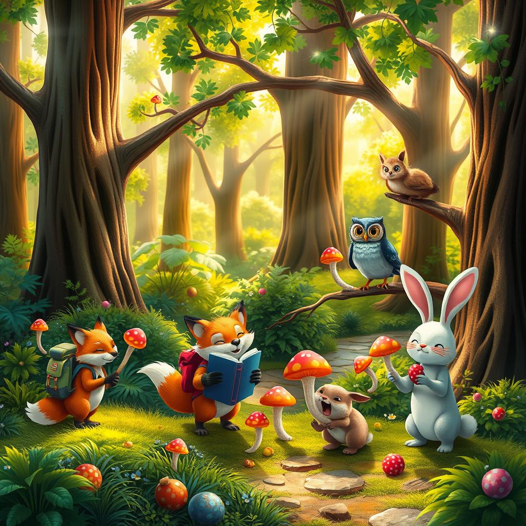 An imaginative scene featuring a variety of whimsical animal characters engaging in playful activities in a vibrant, colorful forest