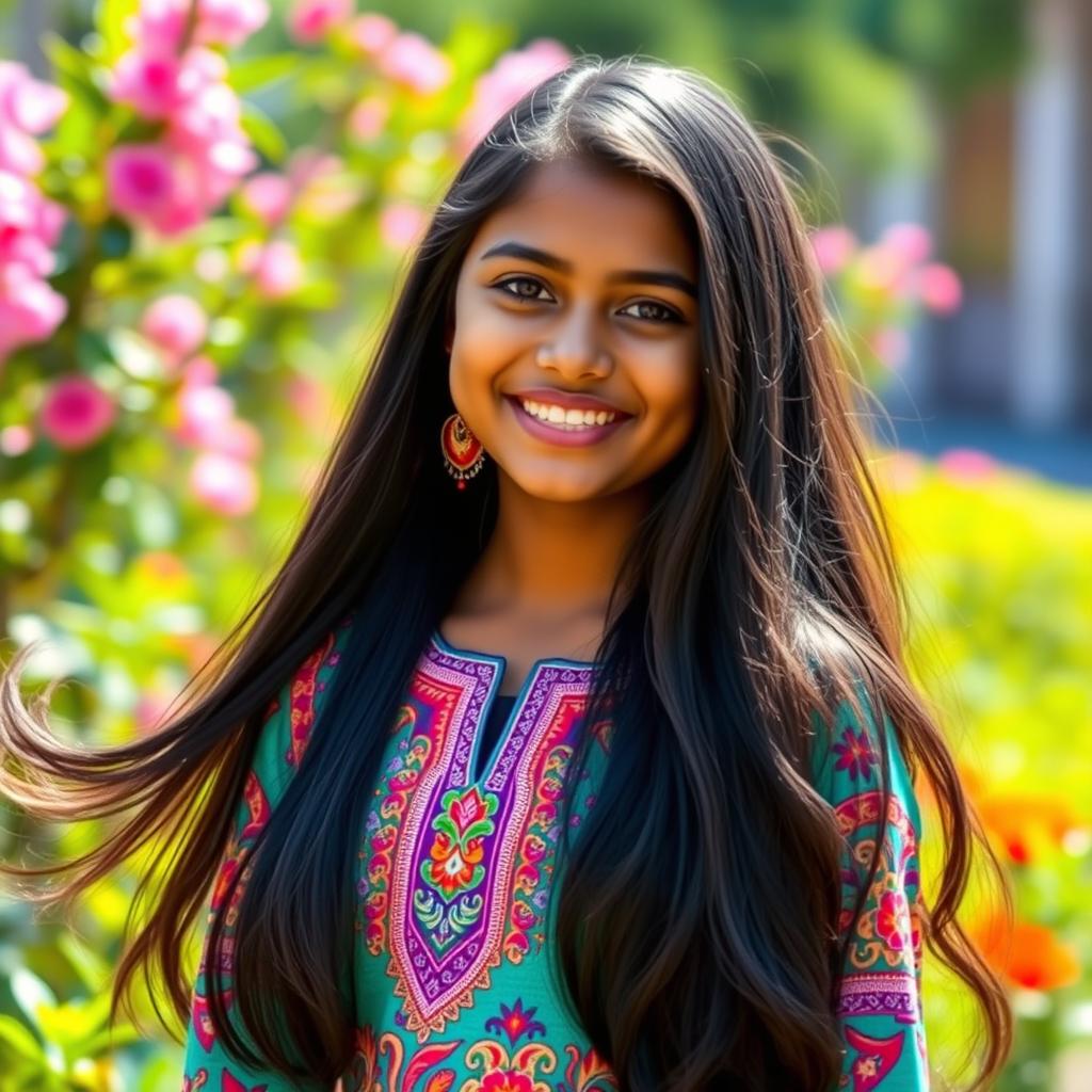 A beautiful Indian teenage girl, with long, flowing black hair and warm brown skin, wearing a colorful traditional outfit with intricate embroidery