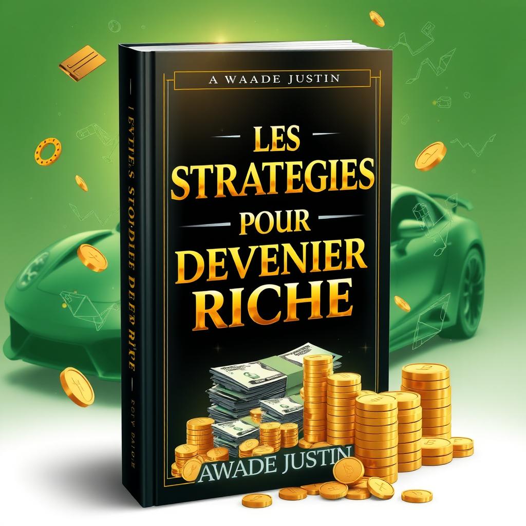 A captivating book cover design for 'Les Stratégies Pour Devenir Riche' by Awade Justin, showcasing symbols of wealth and success, such as gold coins, stacked dollar bills, and a luxury car in the background