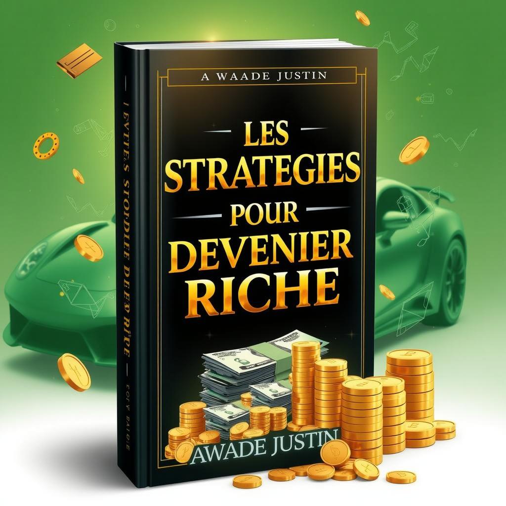 A captivating book cover design for 'Les Stratégies Pour Devenir Riche' by Awade Justin, showcasing symbols of wealth and success, such as gold coins, stacked dollar bills, and a luxury car in the background