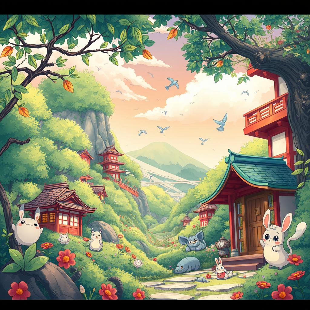 A vibrant and whimsical scene transformed into a Japanese cartoon style reminiscent of Studio Ghibli