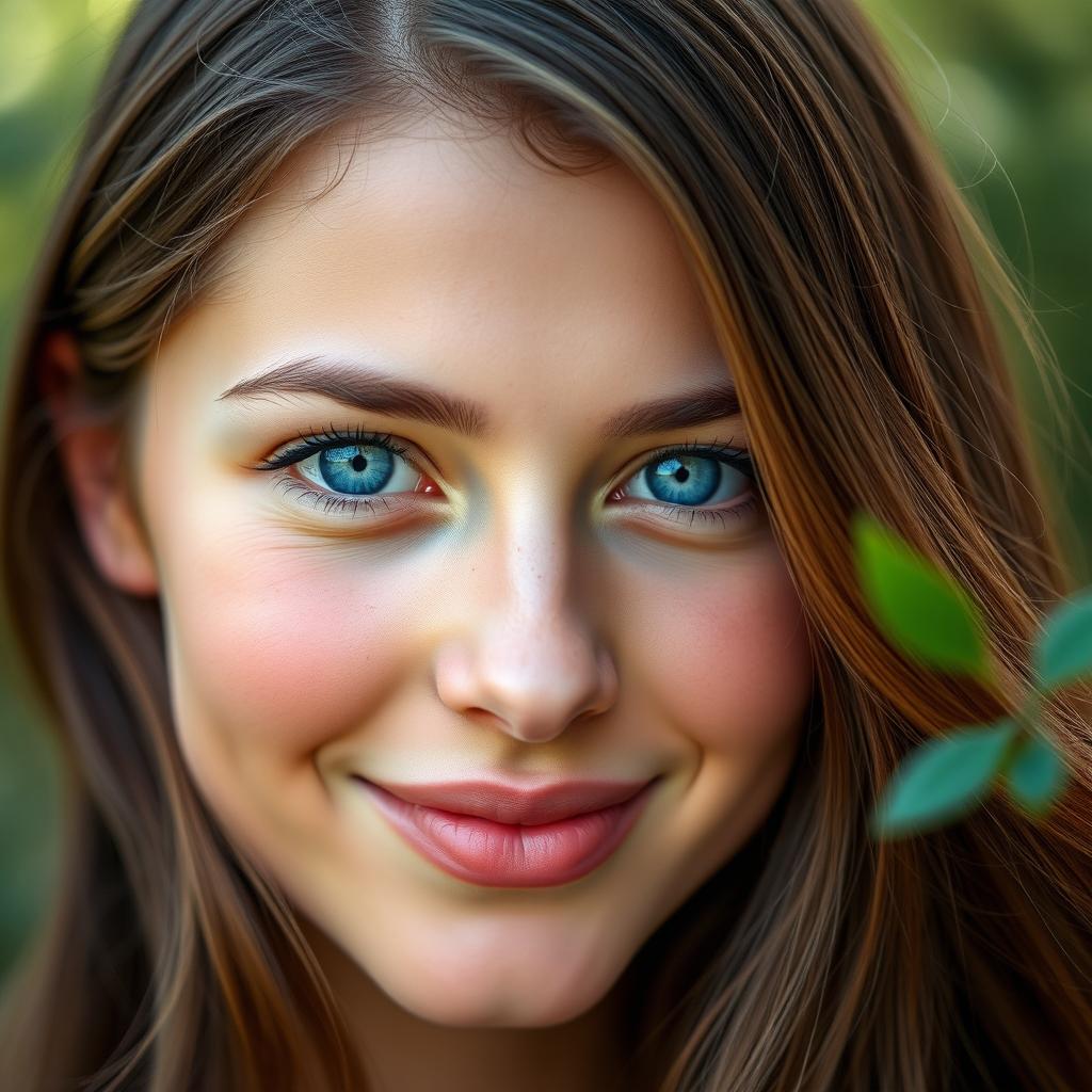 A stunning portrait of a young woman with bright blue eyes and long, flowing brown hair