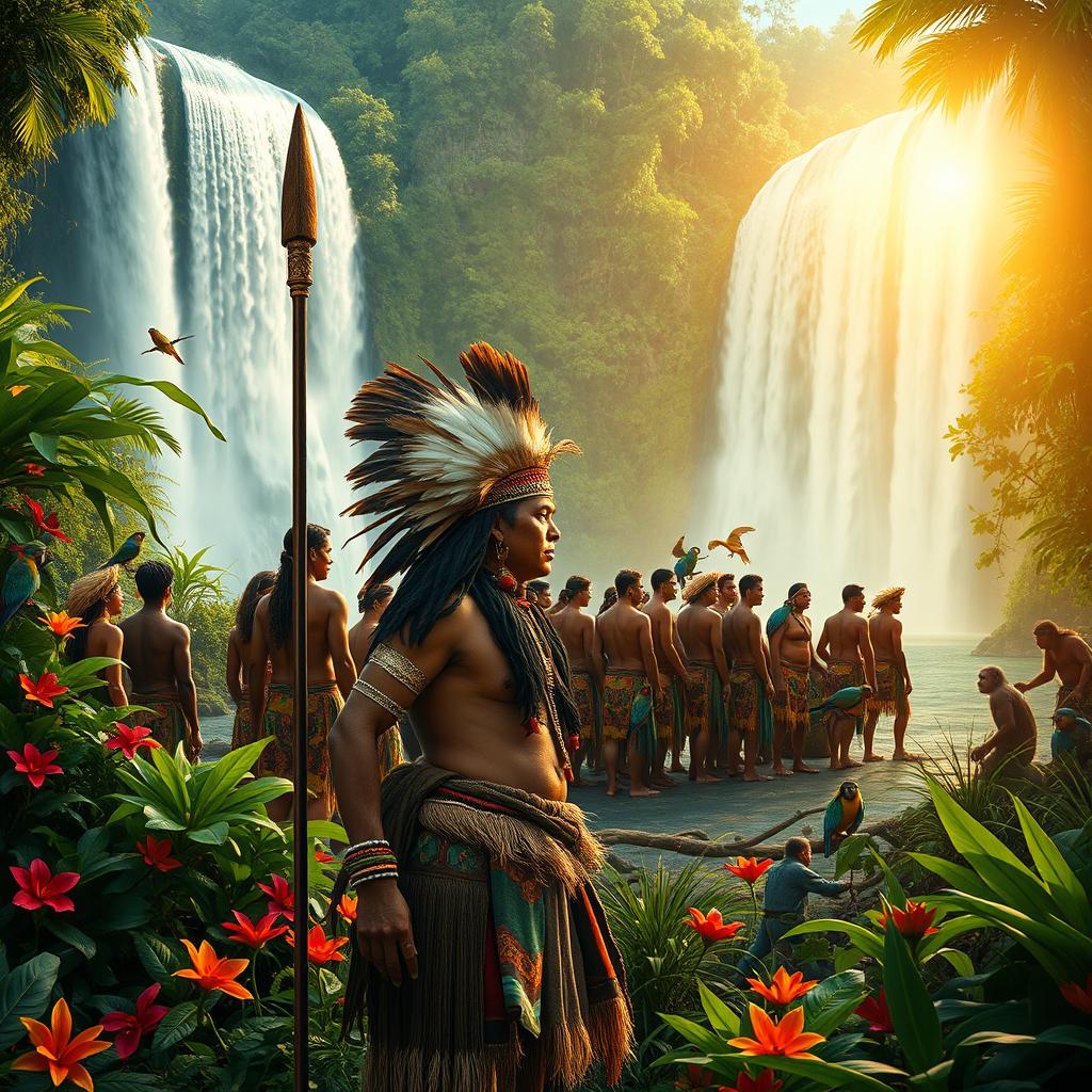 A vibrant scene inspired by the themes of "O Guarani" showcasing lush Brazilian jungles with a majestic waterfall