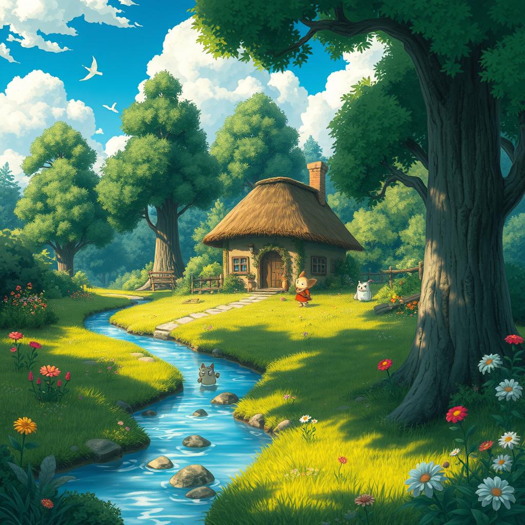 A dreamy and whimsical landscape inspired by Studio Ghibli, featuring lush greenery, gently flowing streams, and fantastical creatures