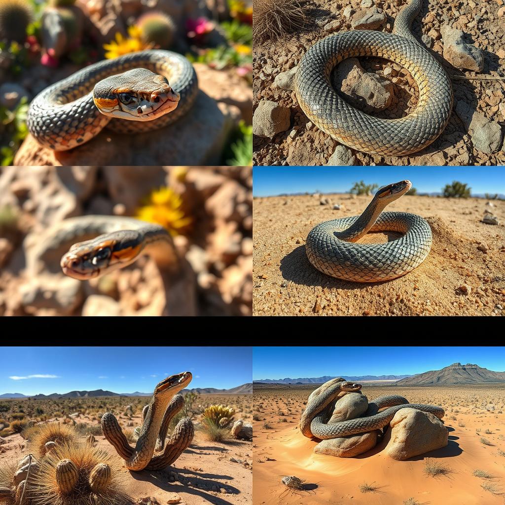 A beautiful rattlesnake in the desert, depicted in various dynamic and captivating perspectives