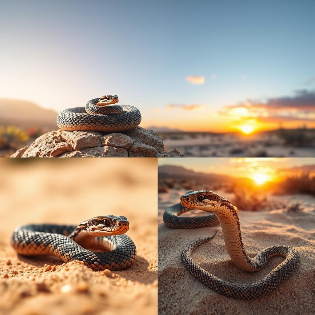 A stunning, realistic depiction of a beautiful rattlesnake in a desert landscape, capturing the essence of its natural habitat