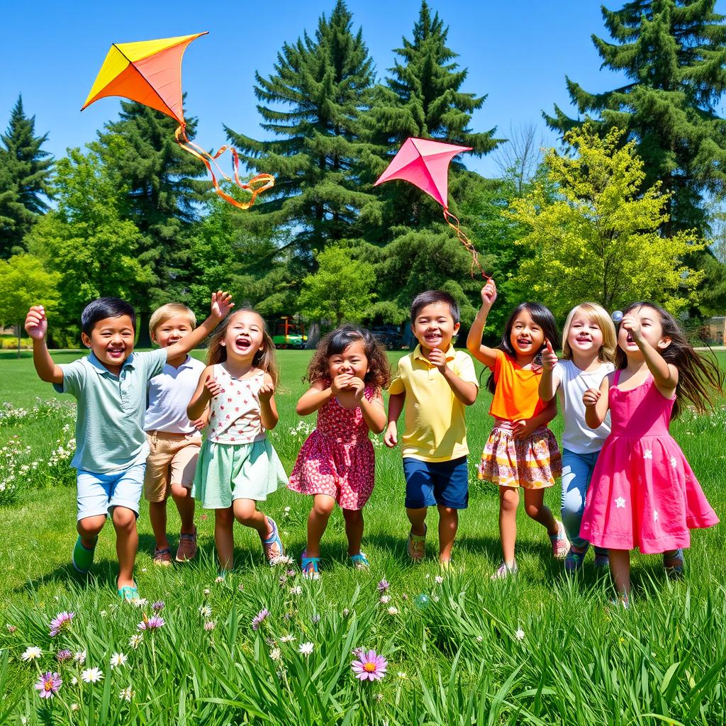 A vibrant outdoor scene featuring a joyful gathering of eight children playing together in a sunny park