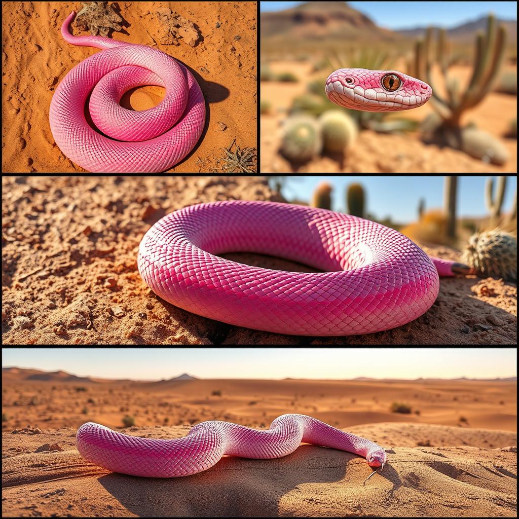 A beautiful Pink Rattlesnake coiled in the desert landscape, showcasing the detailed scales and vibrant colors in a realistic style