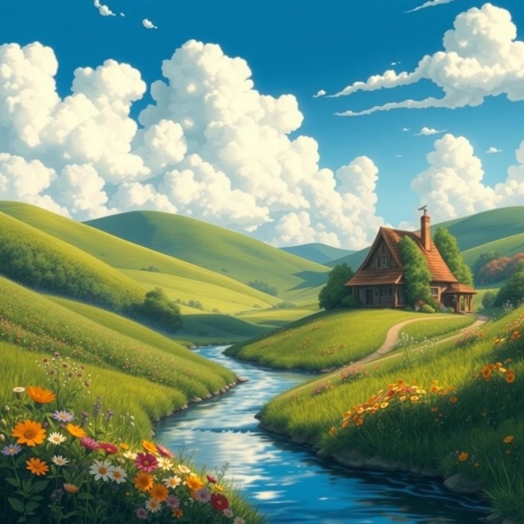A whimsical and enchanting landscape inspired by Studio Ghibli, featuring a lush, verdant valley with rolling hills, adorned with colorful wildflowers