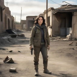 Julia Louis-Dreyfus, wearing rugged survival gear, exploring a post-apocalyptic American landscape with decaying buildings and desolate streets