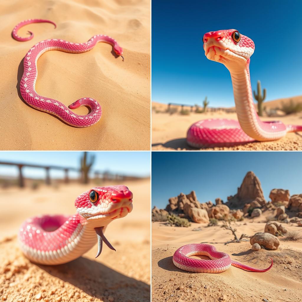 A series of stunning images of a beautiful pink rattlesnake in a desert setting, showcasing the snake's vibrant colors and intricate patterns