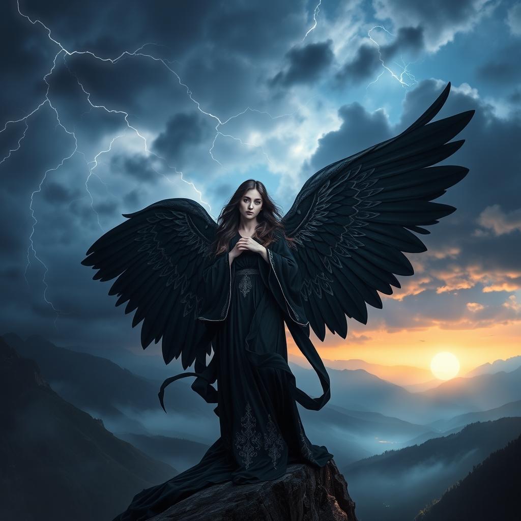 A celestial angel with dark wings, standing on a mountain cliff at twilight