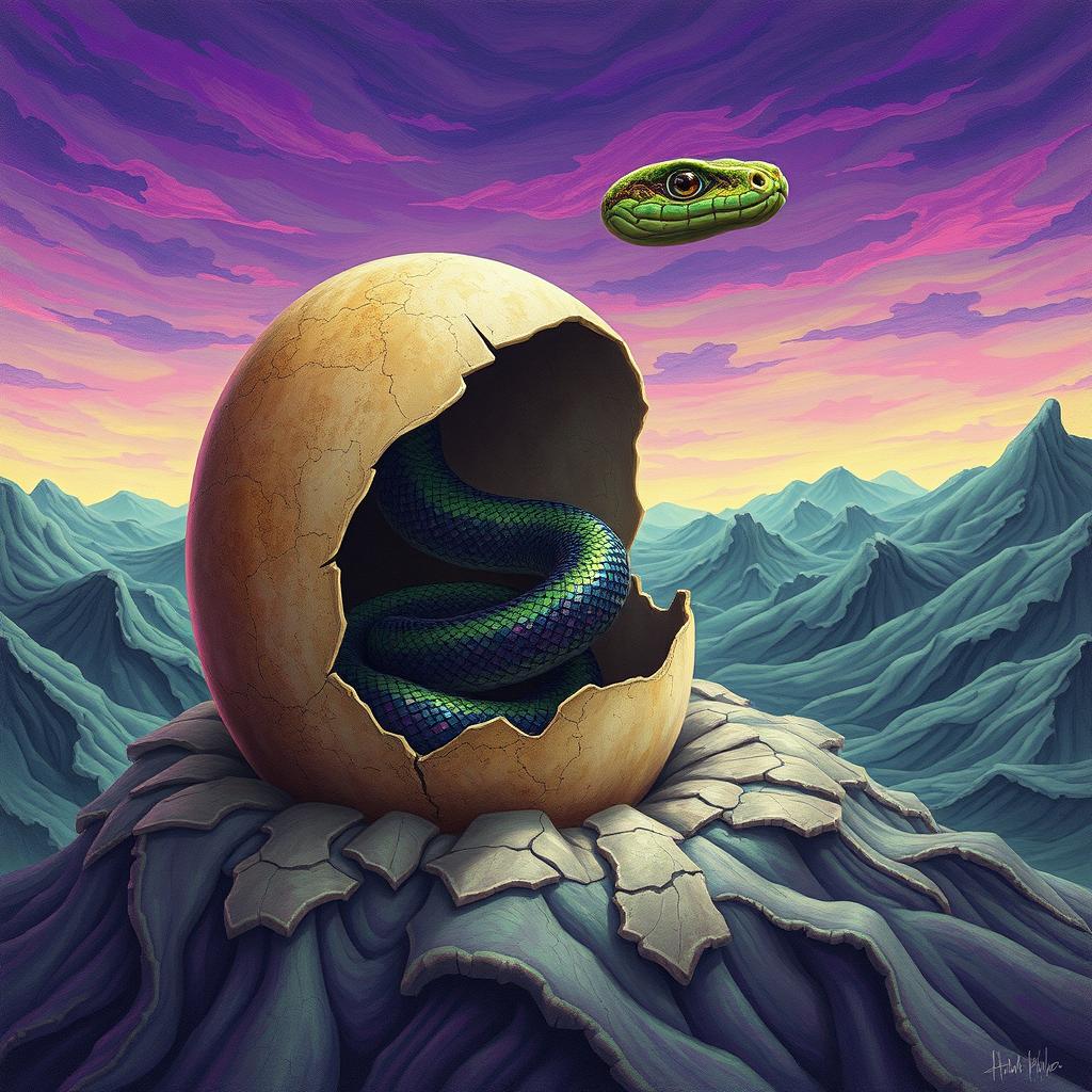 A surreal illustration of a snake emerging from an egg, with the snake's scales glistening in vibrant colors