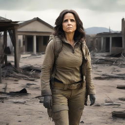 Julia Louis-Dreyfus, wearing rugged survival gear, exploring a post-apocalyptic American landscape with decaying buildings and desolate streets