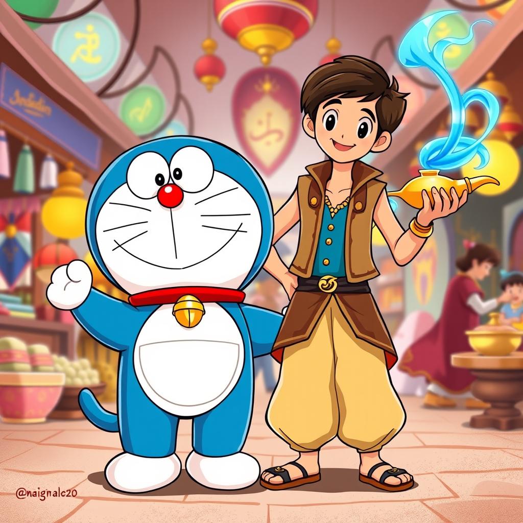A whimsical crossover illustration featuring Doraemon and Aladdin, blending elements from both iconic characters
