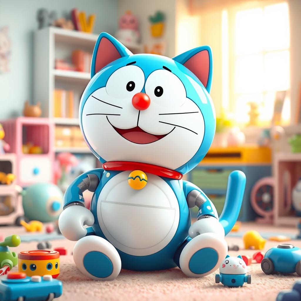 A cute, cartoonish blue robotic cat resembling Doraemon, featuring a large round face, big expressive eyes, a small bell on its collar, and a white tummy