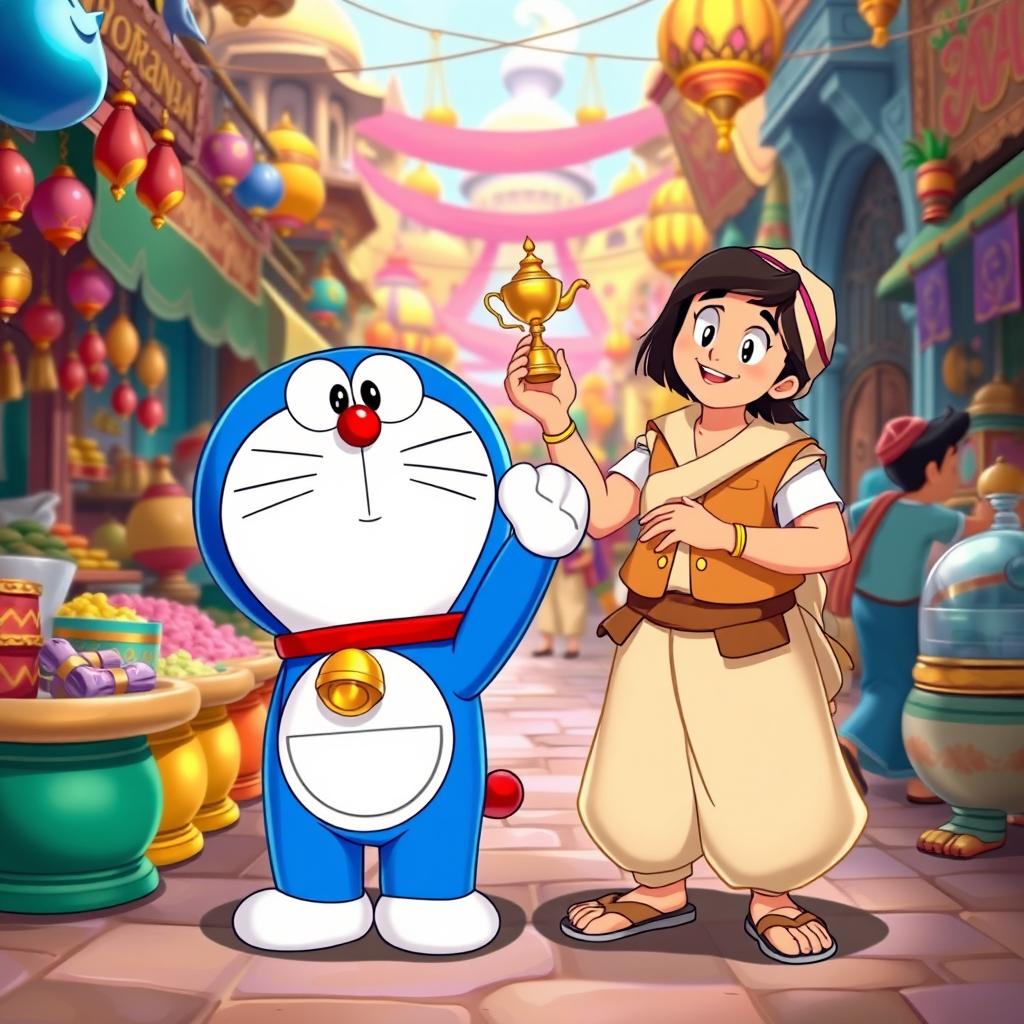 A delightful crossover scene featuring Doraemon and Aladdin in a fantastical setting