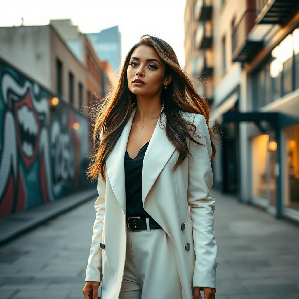A stylish woman wearing a fashionable outfit, standing confidently in an urban setting