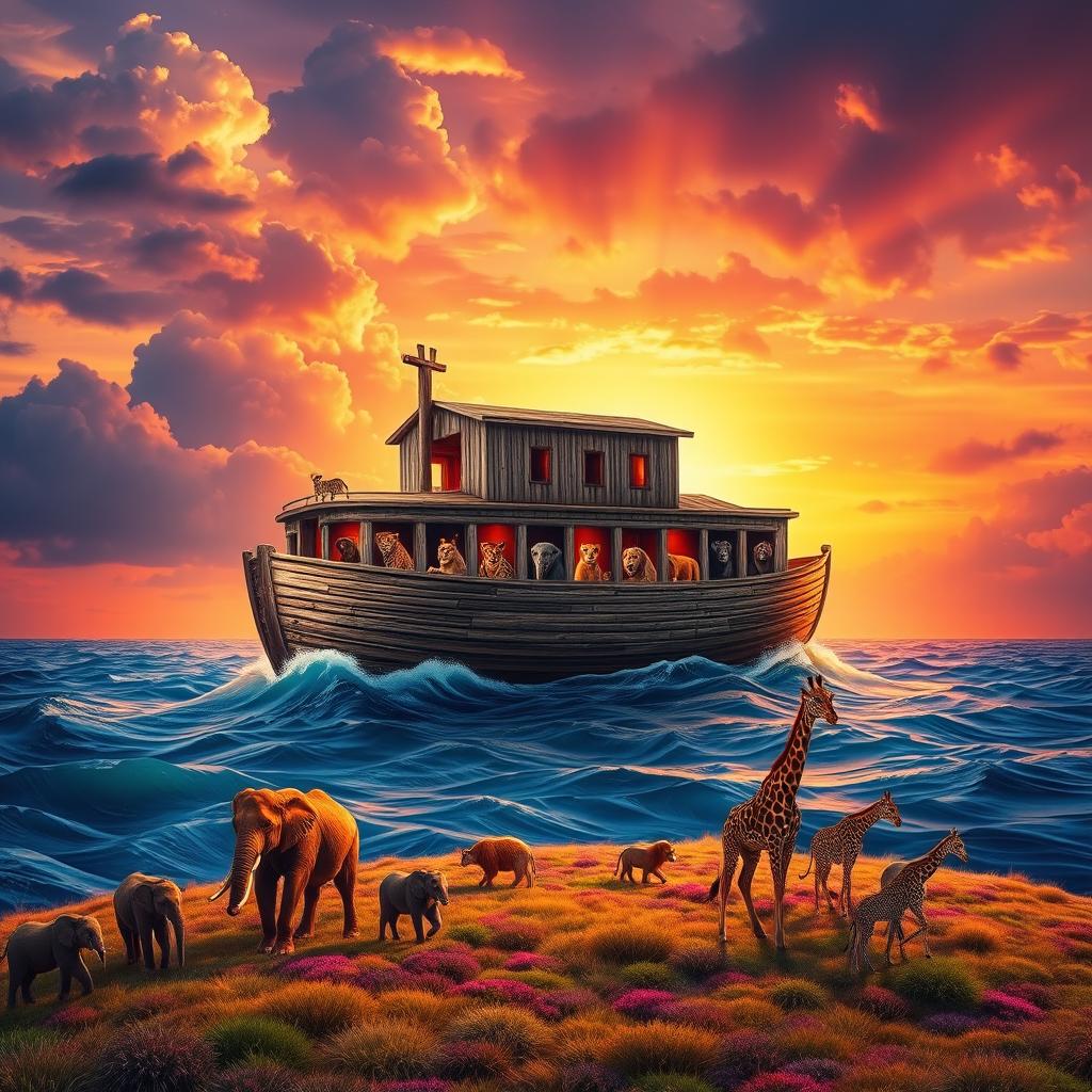 A vivid depiction of Noah's Ark floating majestically on a sweeping ocean under a dramatic sunset sky
