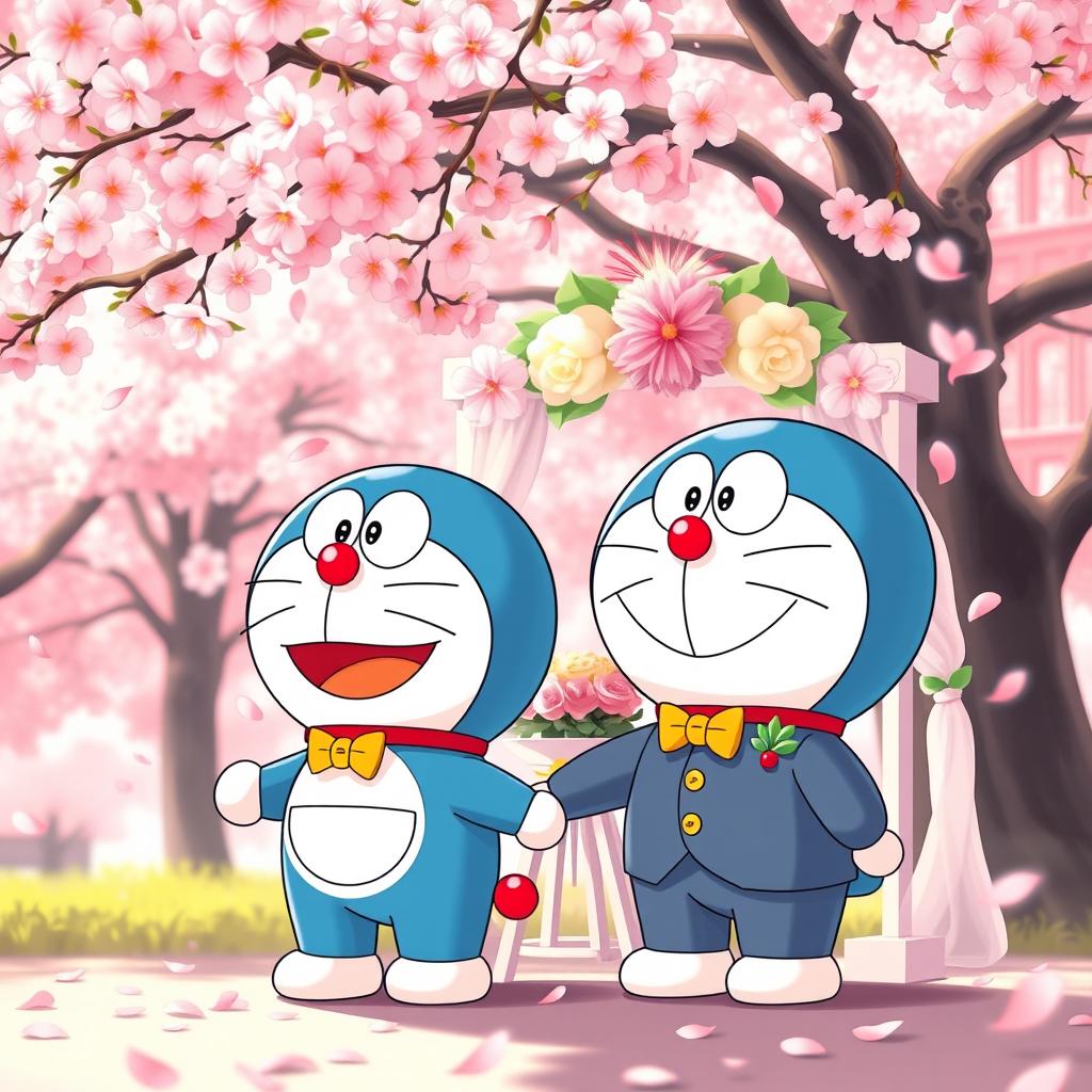 A heartwarming scene featuring Doraemon at a wedding under a beautiful cherry blossom (sakura) tree