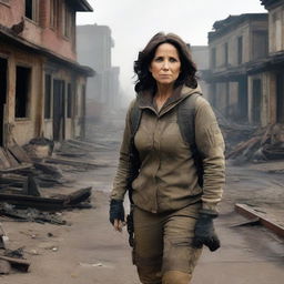 Julia Louis-Dreyfus, wearing rugged survival gear, exploring a post-apocalyptic American landscape with decaying buildings and desolate streets