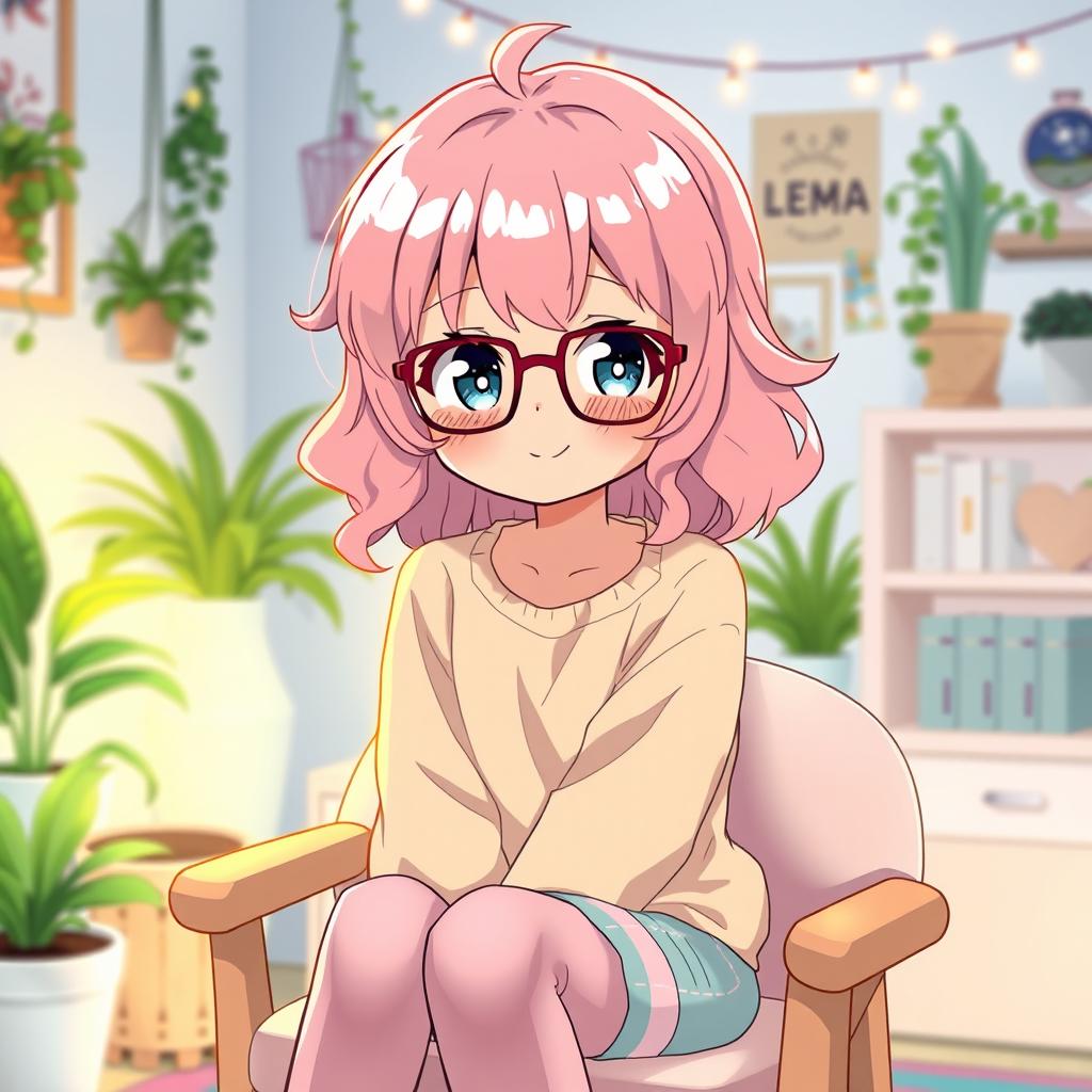 A cute anime girl with pink hair sitting on a chair, blushing expression, wearing stylish anime glasses