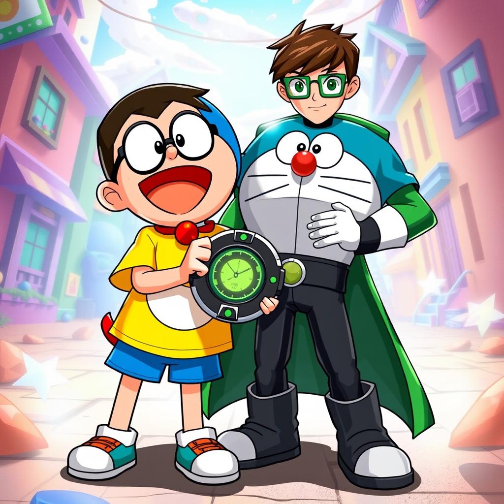 A creative crossover scene featuring Nobita from Doraemon and Ben Tennyson from Ben 10, set in an energetic and dynamic environment