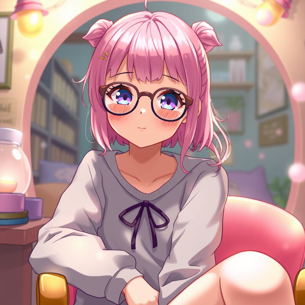 A young woman with pink hair sitting on a chair, blushing expression, wearing anime-style glasses inspired by the art from 'Solo Leveling'