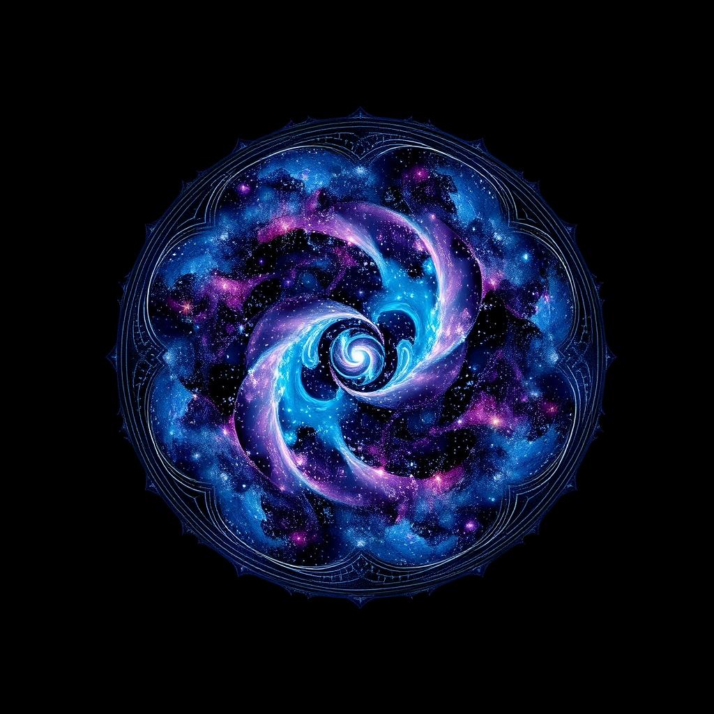 An intricate circular pattern that combines elements of the cosmos and the void, creating a mesmerizing design
