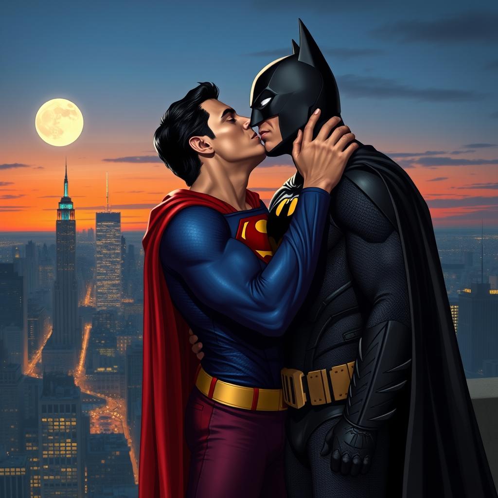 A dramatic and artistic representation of Superman and Batman sharing a kiss, set against a twilight skyline of a bustling city