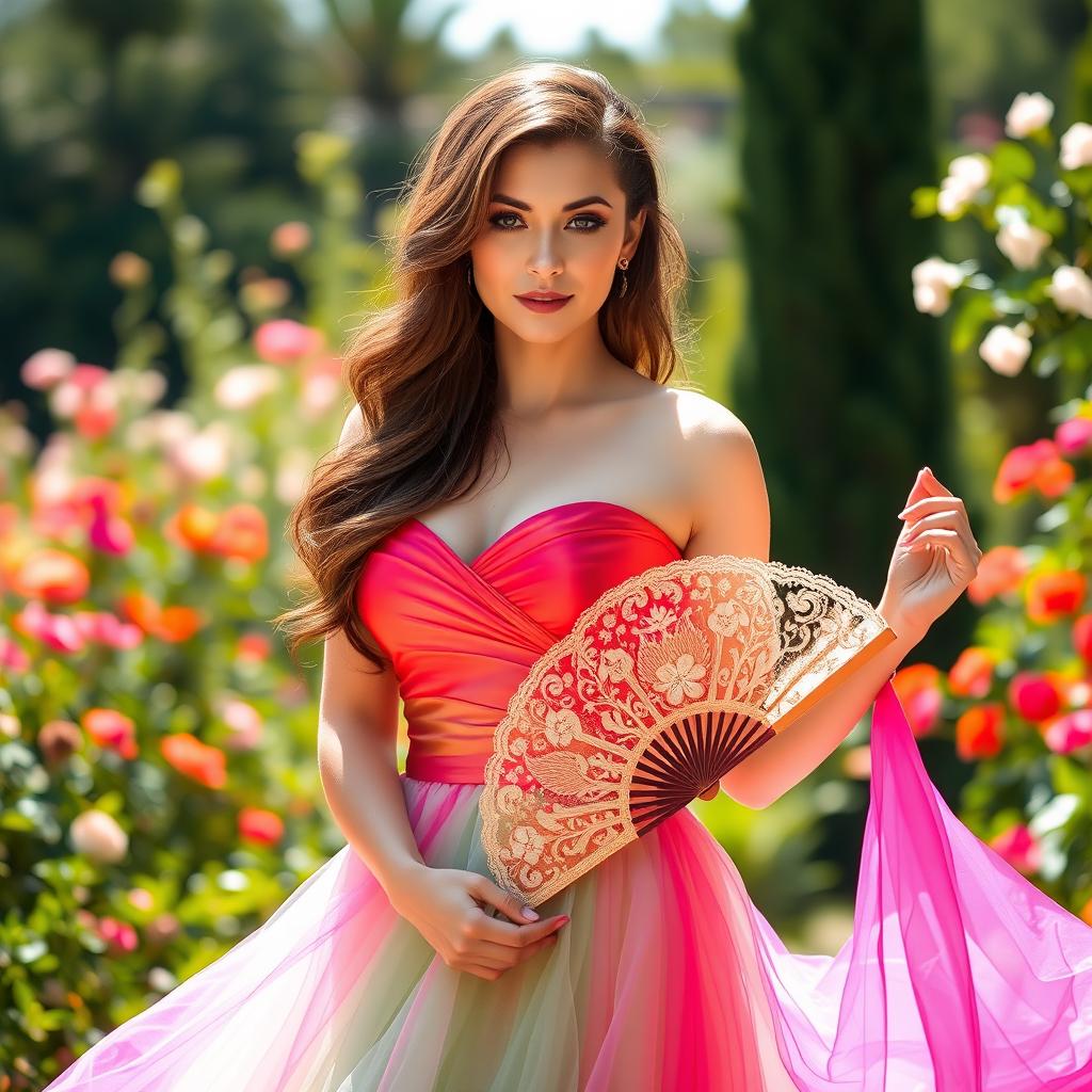 A graceful woman standing in a sunlit garden, wearing a beautiful, flowing gown in vibrant colors