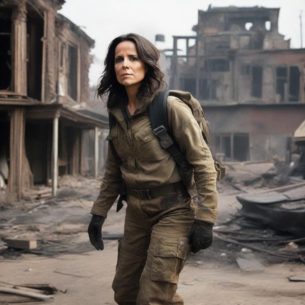 Julia Louis-Dreyfus, wearing rugged survival gear, exploring a post-apocalyptic American landscape with decaying buildings and desolate streets