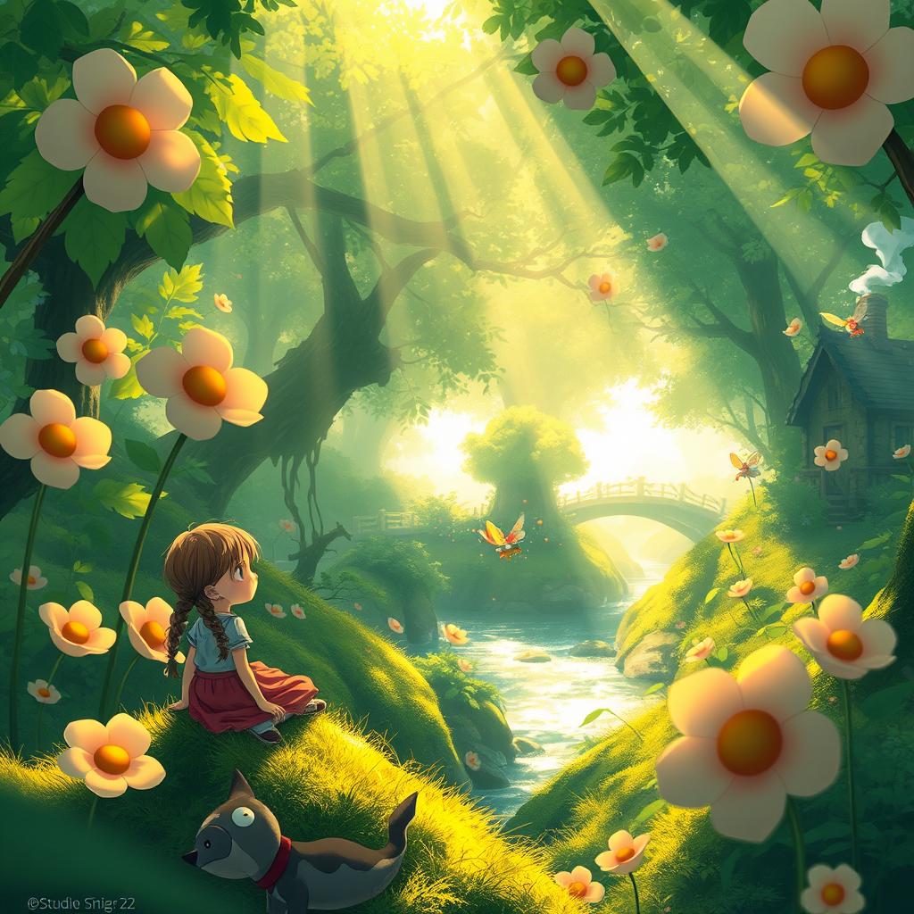 A whimsical scene inspired by Studio Ghibli's enchanting art style, featuring a lush, green forest filled with oversized flowers and friendly forest creatures
