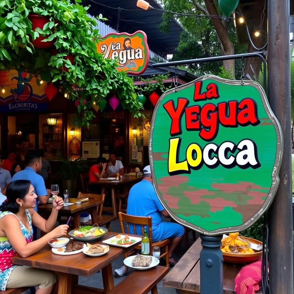 A vibrant and bustling outdoor dining scene at a charming restaurant called 'La Yegua Loca', featuring colorful decorations, lively patrons enjoying their meals, and dishes beautifully presented on rustic wooden tables