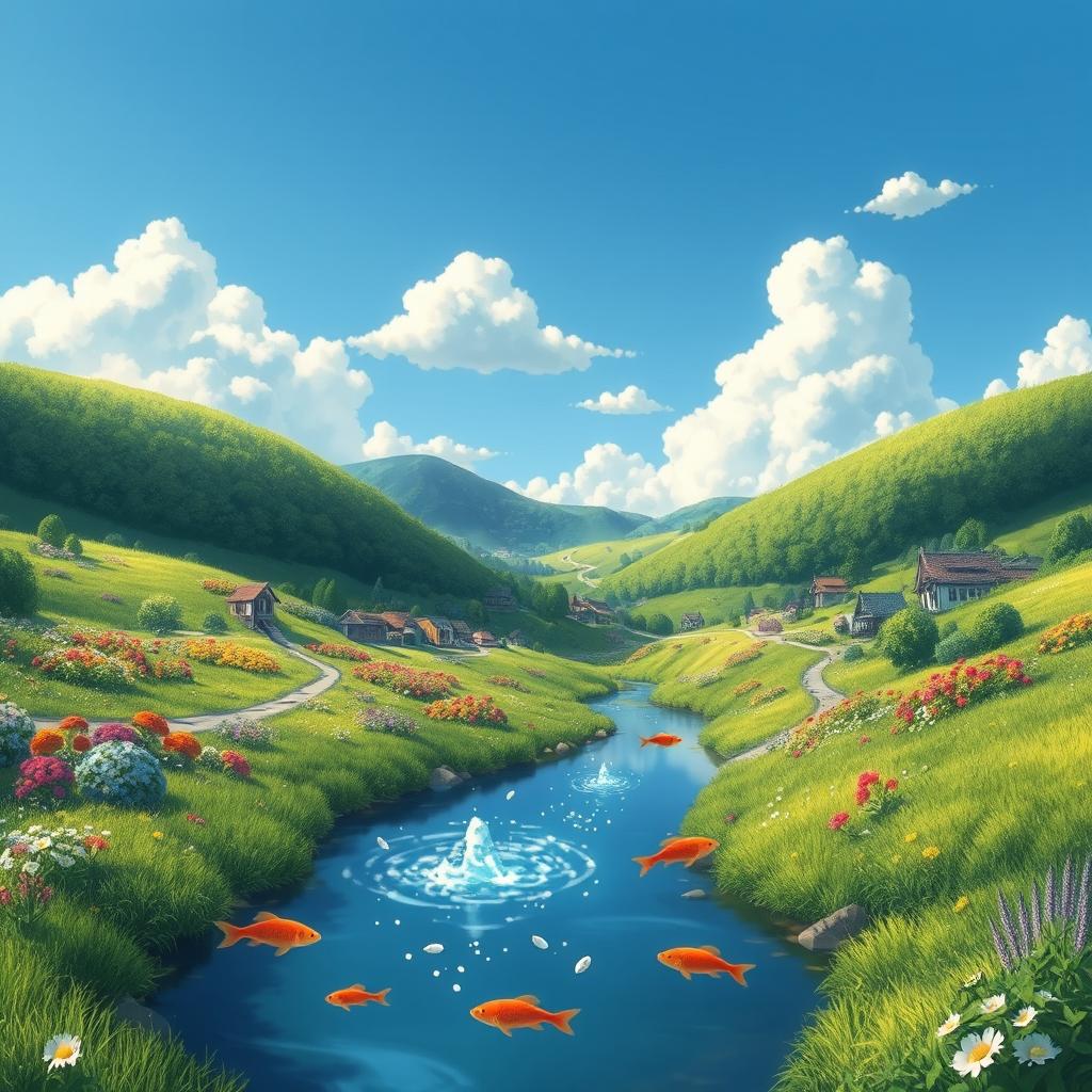 A whimsical and enchanting landscape inspired by Studio Ghibli films, featuring lush green hills, vibrant flowers, and a clear blue sky